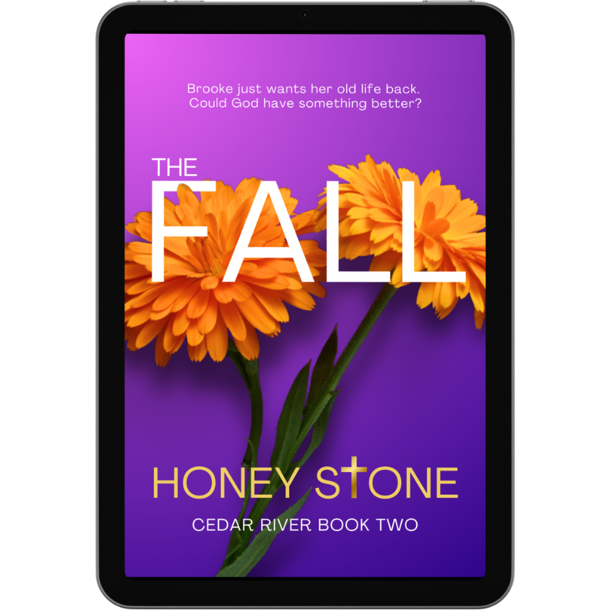The cover of The Fall has a purple background with two orange gerberas, with The Fall, Cedar River Book Two written in white and Honey Stone in gold.