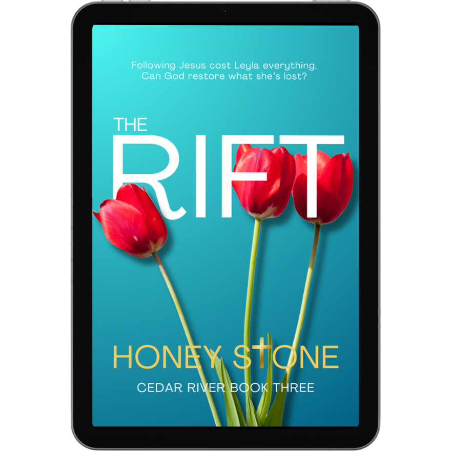 The cover of The Rift has a turquoise background with three red tulips, with The Fall, Cedar River Book Two written in white and Honey Stone in gold.