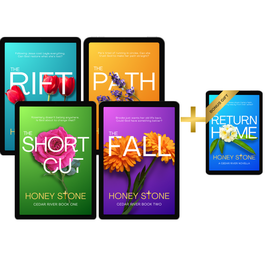 Covers of Christian inspirational fiction series books 1-4 The Shortcut, The Fall, The Rift, The Path, and Bonus Free novella The Return Home