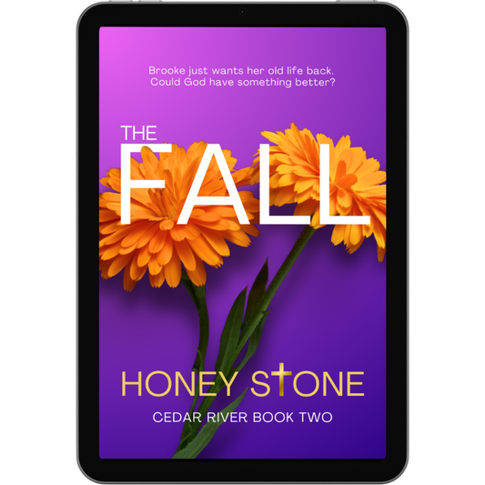 The cover of The Fall has a purple background with two orange gerberas, with The Fall, Cedar River Book Two written in white and  Honey Stone in gold.