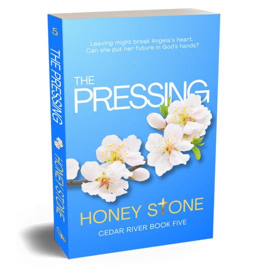 Book Five in the sweet & clean Christian fiction Cedar River series, The Pressing. A blue cover with a branch of five pale pink apple blossoms.